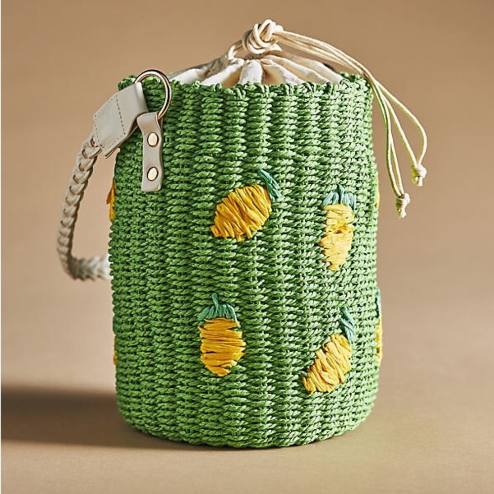 Anthropologie By Anthropologie Raffia Straw Lemon Fruit Bucket Bag Green NWT